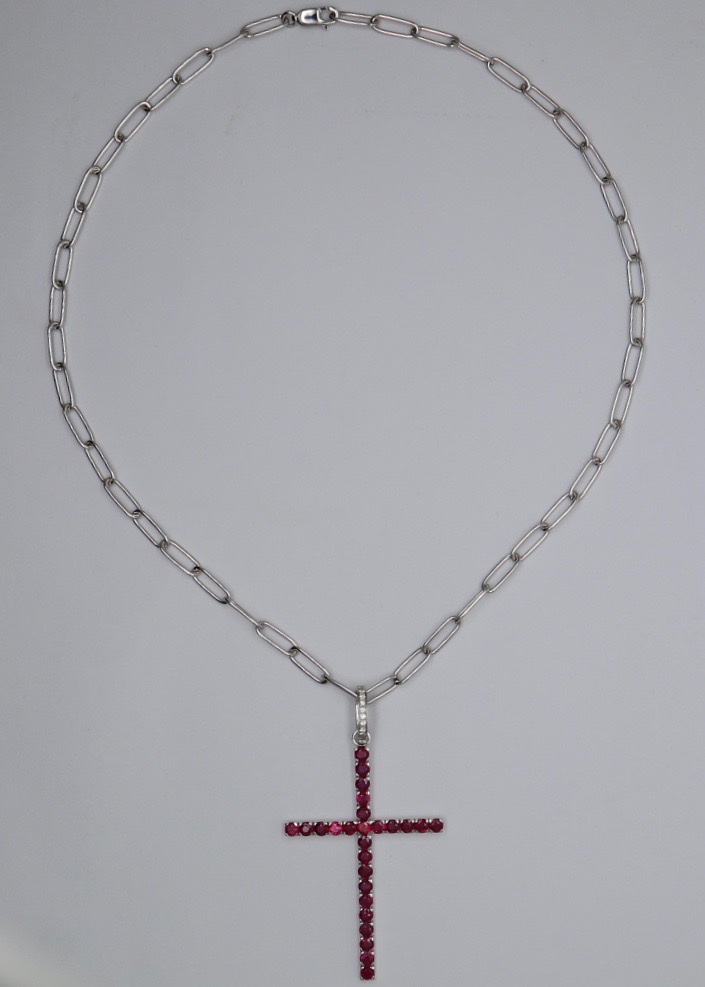 Ruby and Diamond Cross Pendant with White Gold Necklace